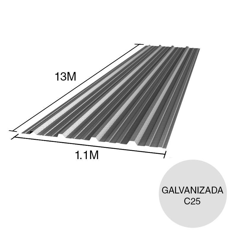 Chapa trapezoidal T1010 galvanizada techos C25 13m x 1.1m x 0.5mm