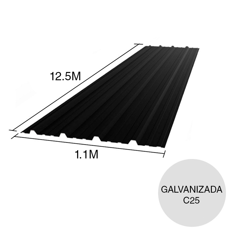 Chapa trapezoidal T1010 galvanizada techos C25 prepintada negro 12.5m x 1.1m x 0.5mm