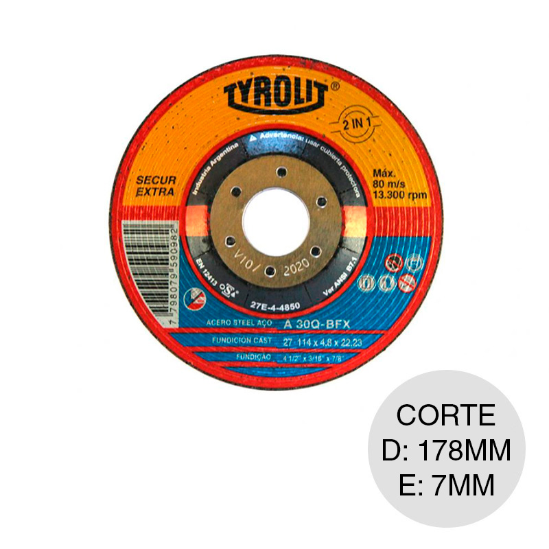 Disco amoladora Secur Extra corte acero ø 178mm x 7mm x ø 22.23mm