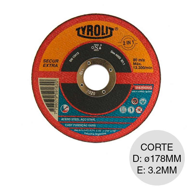 Disco amoladora Secur Extra corte acero ø 178mm x 3.2mm x ø 22.23mm