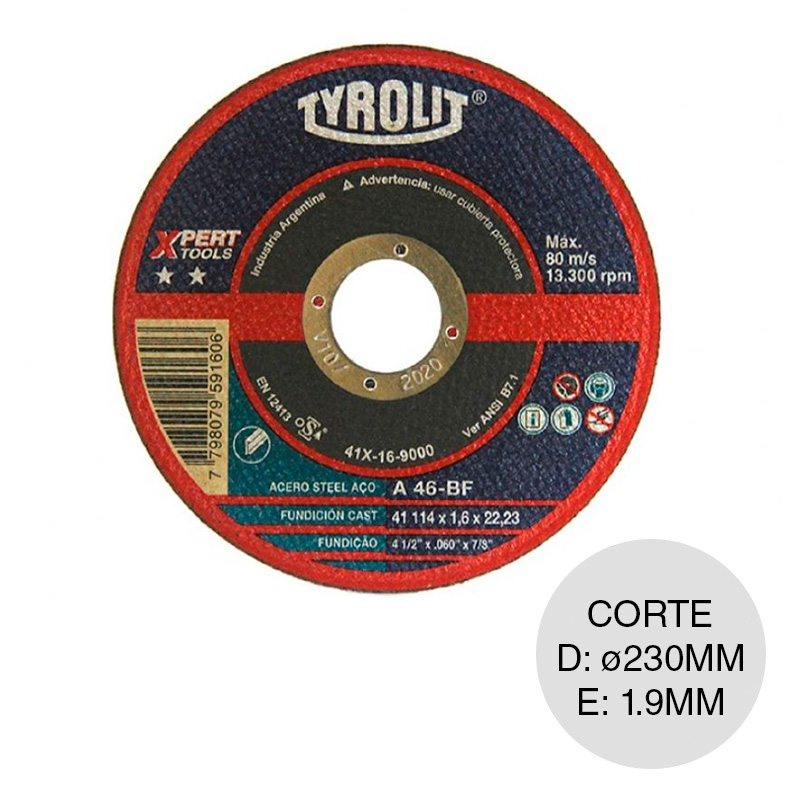 Disco amoladora Expert Tools corte acero ø 230mm x 1.9mm x ø 22.23mm