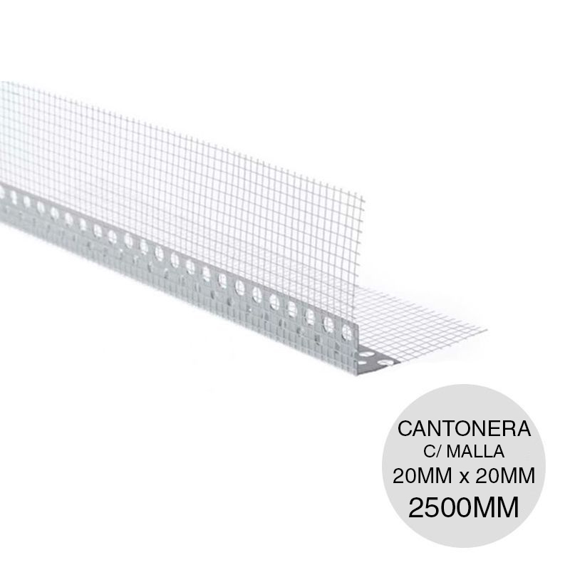 Perfil PVC L cantonera esquinero con malla fibra vidrio sistema EIFS 20mm x 20mm x 2.50m