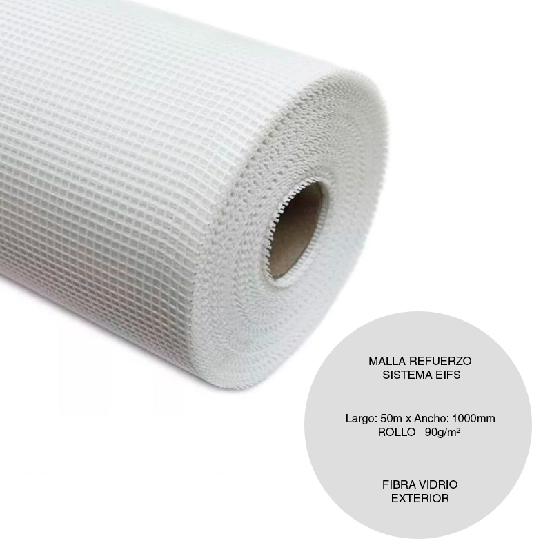 Malla refuerzo revestimientos revoque microcemento yeso fibra vidrio exterior rollo 90g/m² x 1m x 50m