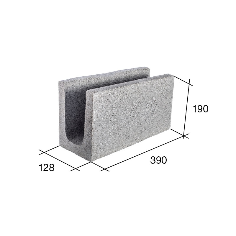 Bloque U13 encadenado/dintel hormigon gris 128mm x 190mm x 390mm