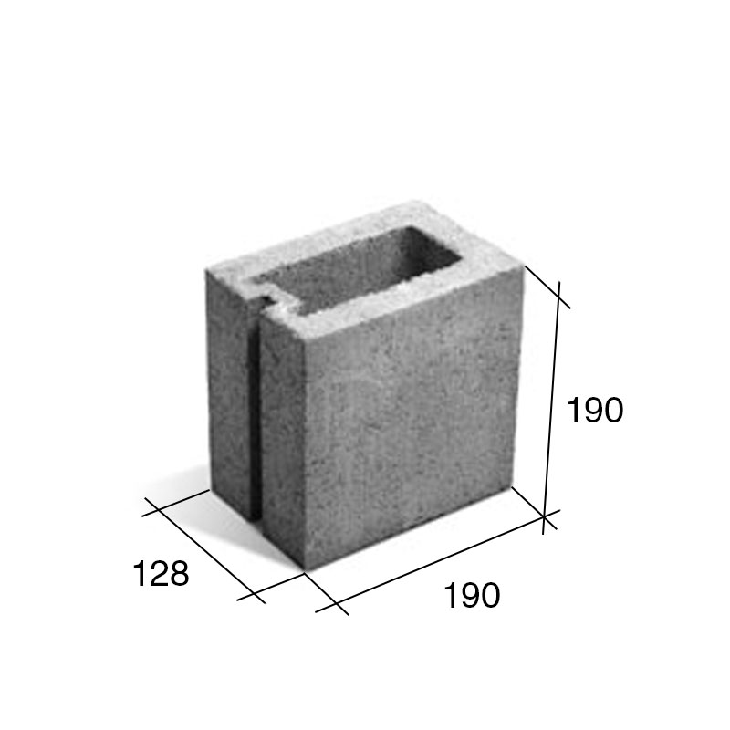 Bloque P13/M mitad hormigon gris 128mm x 190mm x 190mm