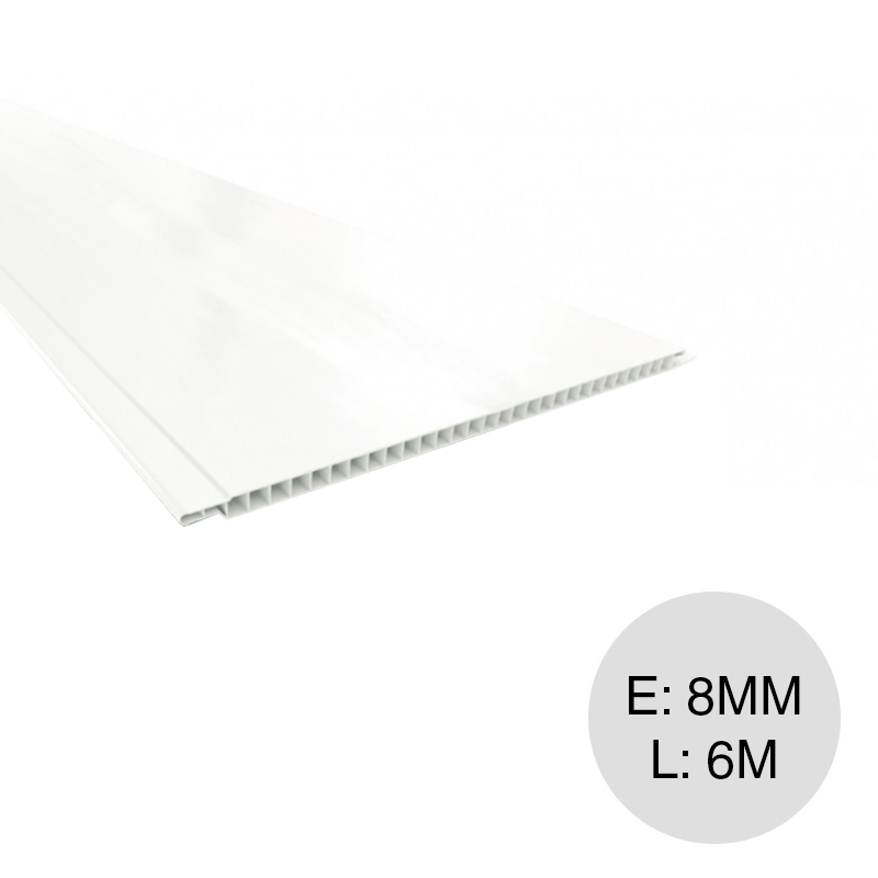 Revestimiento machimbre PVC liso exterior interior blanco nieve 8mm x 200mm x 6m