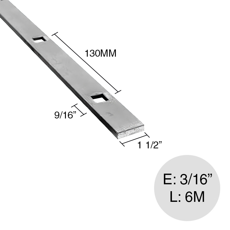 Planchuela herreria acero laminado 1 1/2" x 3/16" perforacion cuadrada 9/16" c/130mm barra 38.1mm x 4.8mm x 6m