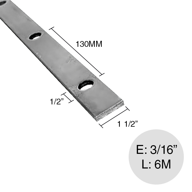 Planchuela herreria acero laminado 1 1/2" x 3/16" perforacion redonda 1/2" c/130mm barra 38.1mm x 4.8mm x 6m