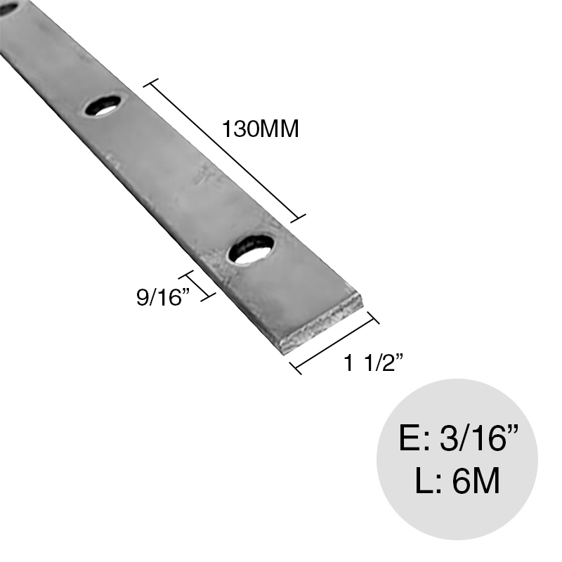 Planchuela herreria acero laminado 1 1/2" x 3/16" perforacion redonda 9/16" c/130mm barra 38.1mm x 4.8mm x 6m