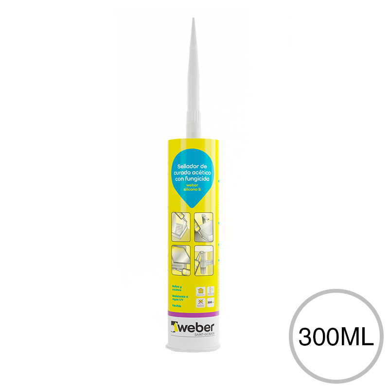 Sellador Weber Silicona S curado acetico fungicida interior blanco cartucho x 300ml
